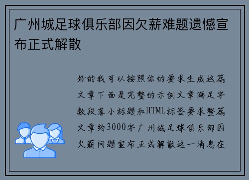 广州城足球俱乐部因欠薪难题遗憾宣布正式解散 广州城足球俱乐部因欠薪难题遗憾宣布正式解散